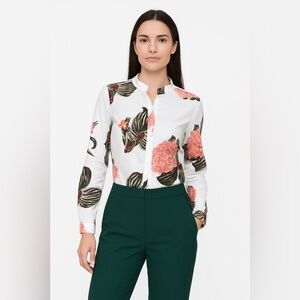 White Pink and Green Floral Blouse Button Up Large